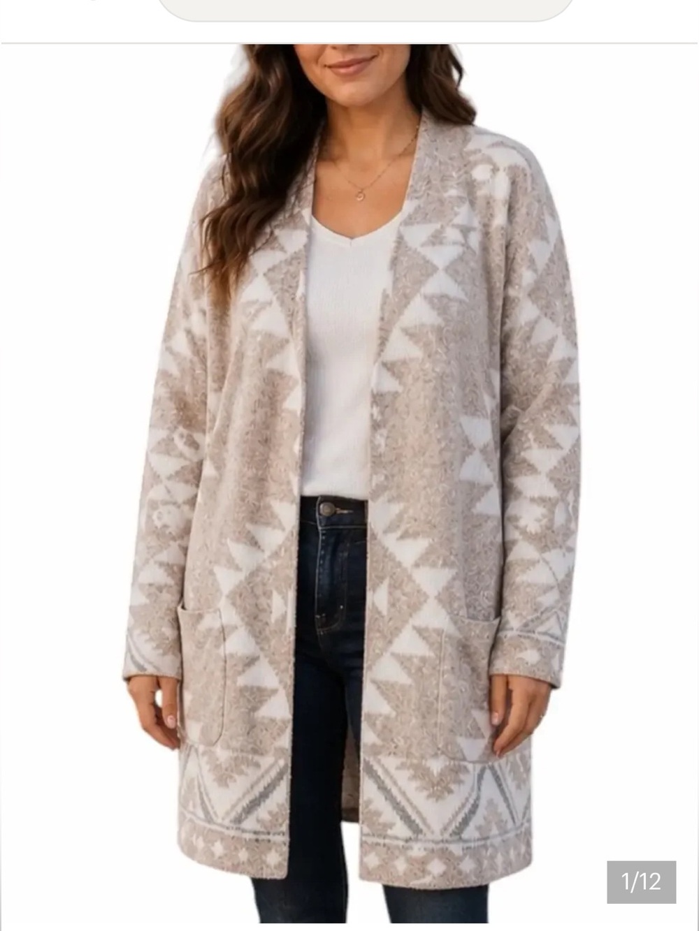 Cozy Geometric Open-Front Cardigan Sweater - Cream Taupe